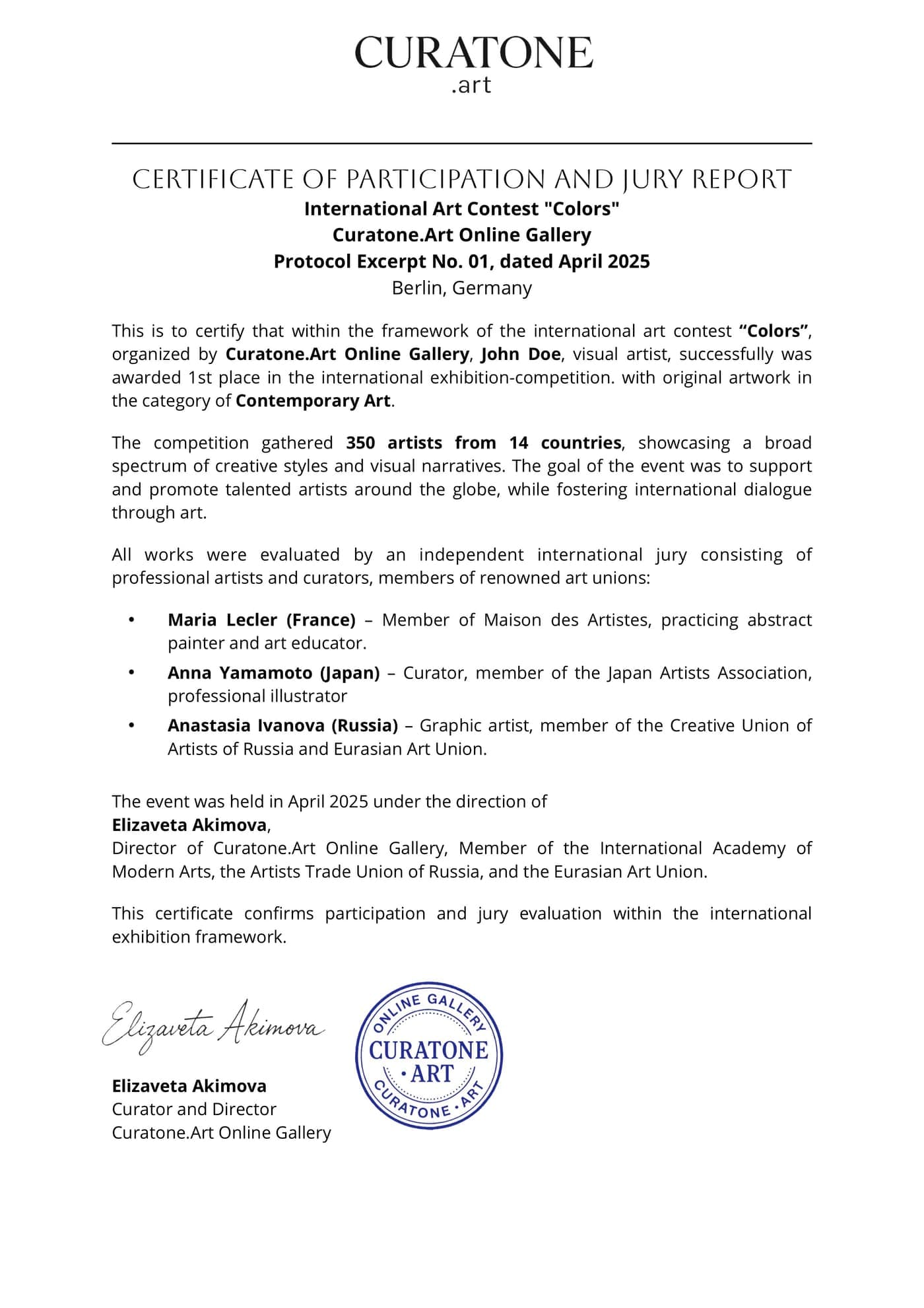 Certificate of participation and jury report